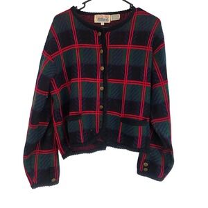 Tally Ho Plaid Button Front Cardigan Sweater Navy Green Red Women's L